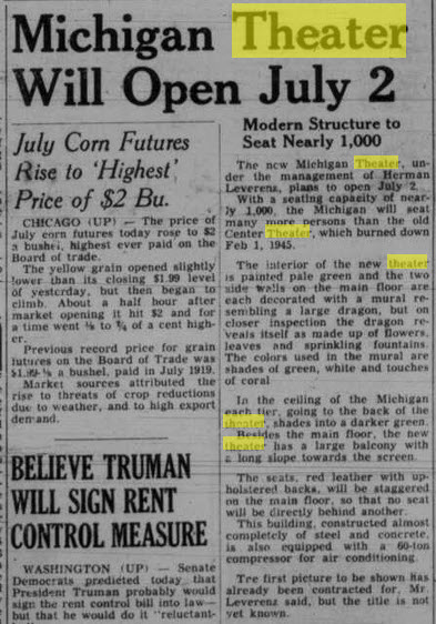Michigan Theatre -  Jun 20 1947 Article On Opening (newer photo)